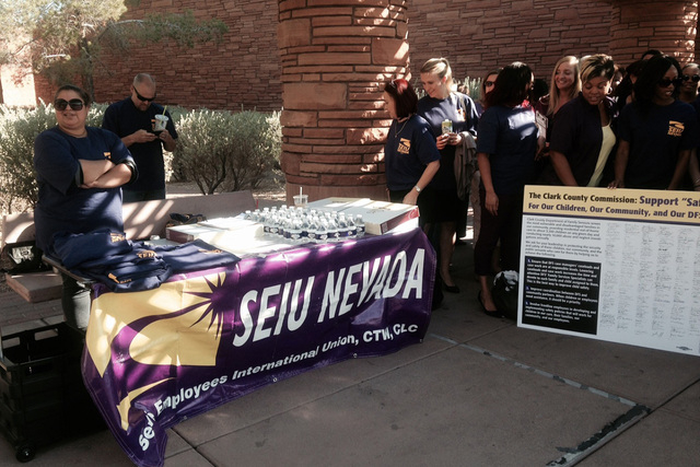 Members of the Service Employees International Union gather before the Clark County Commissioners meeting on Tuesday, August 5, 2014. (Yesenia Amaro/Las Vegas Review-Journal)