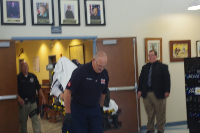 Matt Ward / Pahrump Valley Times
Jackie Lee Argabright leaves court on a stretcher Wednesday. He had been handcuffed for failing to complete a breath test. He was on his way to jail for the day on ...