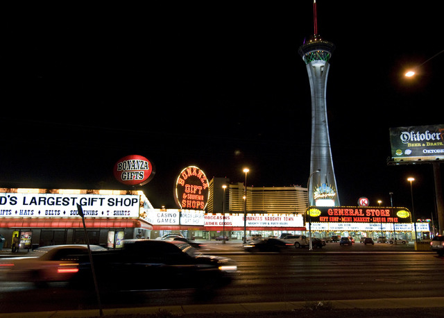 The lights of the Bonanza Gift Shop and the Stratosphere Tower light up Las Vegas Boulevard north of Sahara, on Monday, Oct. 19, 2009. Las Vegas Boulevard, north of Sahara Avenue to Washington Ave ...