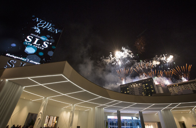 Fireworks celebrating the opening SLS Las Vegas  on Saturday, Aug. 23, 2014. The $415 million  development on the corner of Sahara Avenue and Las Vegas Boulevard opened at midnight.(Jeff Scheid/La ...