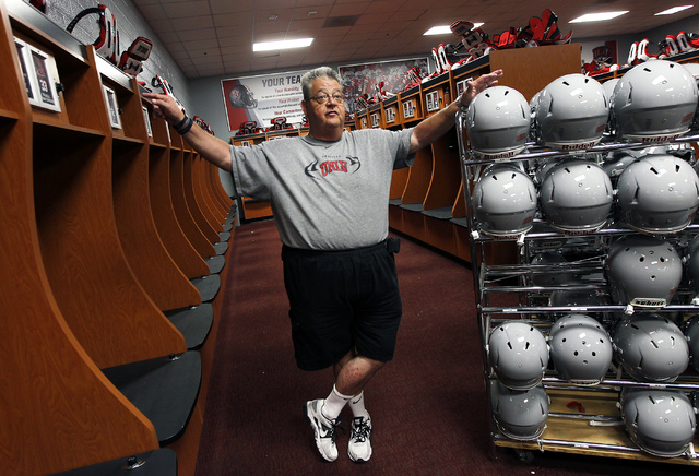 UNLV's Director of Athletic Equipment and Purchasing Paul Pucciarelli discusses his 30-year career while being interviewed in the football team's locker room at the Lied Athletic Complex in Las Ve ...