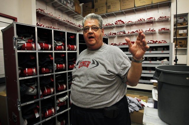 UNLV's Director of Athletic Equipment and Purchasing Paul Pucciarelli recounts some of his 30 years worth of stories while being interviewed in the school's equipment room at the Lied Athletic Com ...