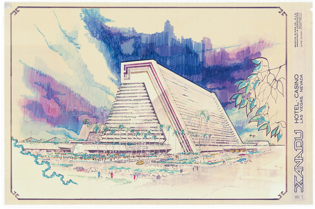 (UNLV Special Collections) A rendering by architect Martin Stern Jr. of the Xanadu proposed in 1975 for the corner of Tropicana Avenue and The Strip, where the Excalibur stands today. Stern had de ...