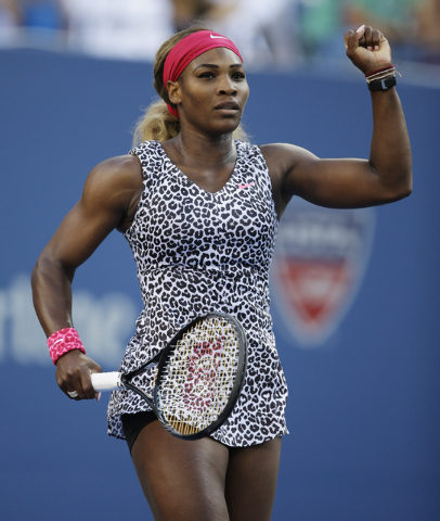 Serena Williams, reacts after a shot against Caroline Wozniacki, of Denmark, during the championship match of the 2014 U.S. Open tennis tournament, Sunday, Sept. 7, 2014, in New York. (AP Photo/Da ...