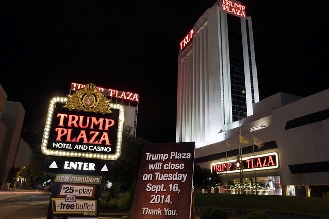 A sign seen early Tuesday, Sept. 16, 2014, announces the closing of Trump Plaza Hotel & Casino in Atlantic City, N.J. (AP Photo/Mel Evans)