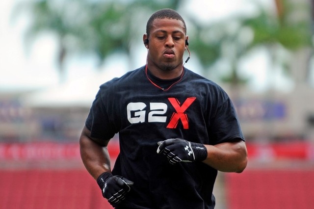Sep 7, 2014; Tampa, FL, USA; Carolina Panthers defensive end Greg Hardy warms-up before facing the Tampa Bay Buccaneers at Raymond James Stadium. Mandatory Credit: David Manning-USA TODAY Sports