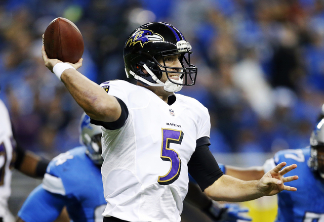 Baltimore Ravens quarterback Joe Flacco throws during the first quarter of an NFL football game against the Detroit Lions in Detroit, Monday, Dec. 16, 2013. (AP Photo/Rick Osentoski)