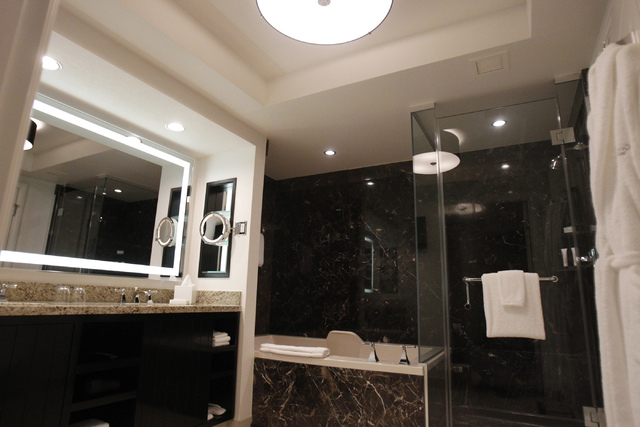 The bathroom inside a king suite at Delano Las Vegas hotel in Las Vegas is seen during a tour Friday, Aug. 29, 2014. The hotel scheduled their official reopening Tuesday, Sept. 2, after an $80 mil ...