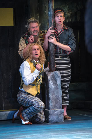 Sir Andrew Aguecheek (Quinn Mattfeld), kneeling, Sir Toby Belch (Roderick Peeples) and Fabian ( Eric Weiman) in "Twelfth Night," which continues through Oct. 18 at the Utah Shakespeare Festival.   ...