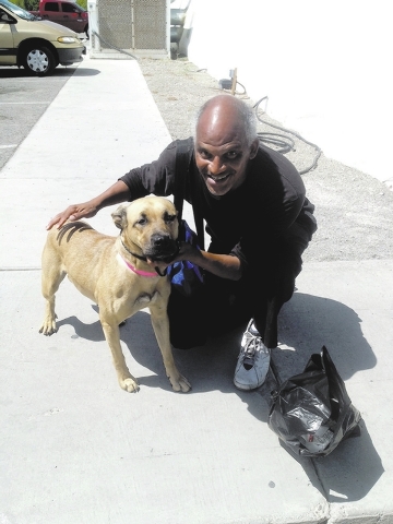 Jesse Hampton smiles with Pookie, a female mix he adopted on Sept. 6, 2014, from The Animal Foundation during the nonprofit's Doggone Homes Fee-Waived Adoption Weekend. Roughly 360 dogs were adopt ...