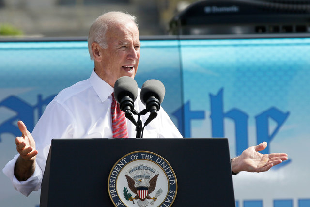 Vice President Joe Biden speaks during the kickoff of the Nuns on the Bus tour, Wednesday, Sept. 17, 2014, at the Statehouse in Des Moines, Iowa. (AP Photo/Charlie Neibergall)