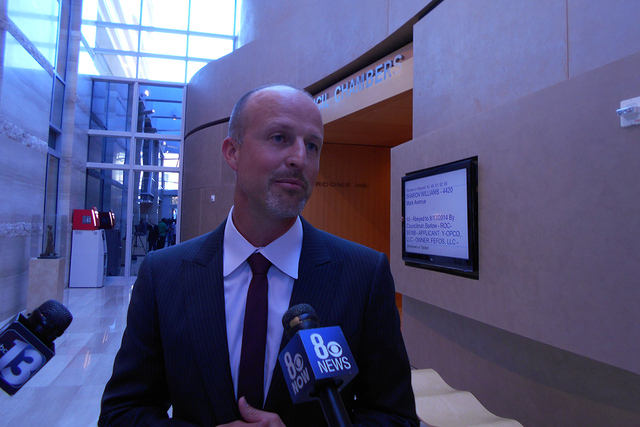 Justin Findlay speaks with media following Las Vegas City Council vote on a potential deal for a stadium on Wednesday, Sept. 3, 2014. (Alan Snel/Las Vegas Review-Journal)
