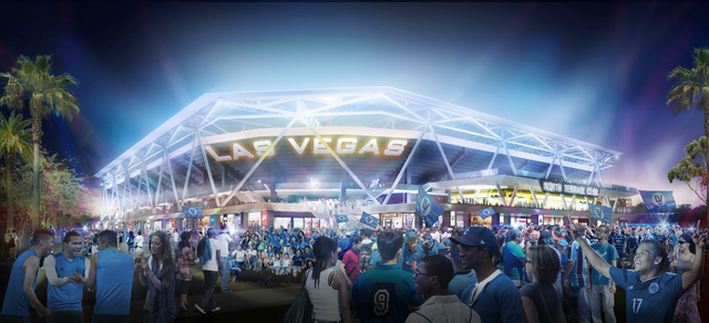 An artist's rendering shows a $200 million, 24,000-seat MLS stadium proposed for downtown Las Vegas. (Rendering courtesy Findlay Sports & Entertainment)