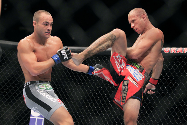 Donald Cerrone throws a kick at Eddie Alvarez during their fight at UFC 178 Saturday, Sept. 27, 2014 at the MGM Grand Garden Arena in Las Vegas. Cerone won by unanimous decision. (Sam Morris/Las V ...