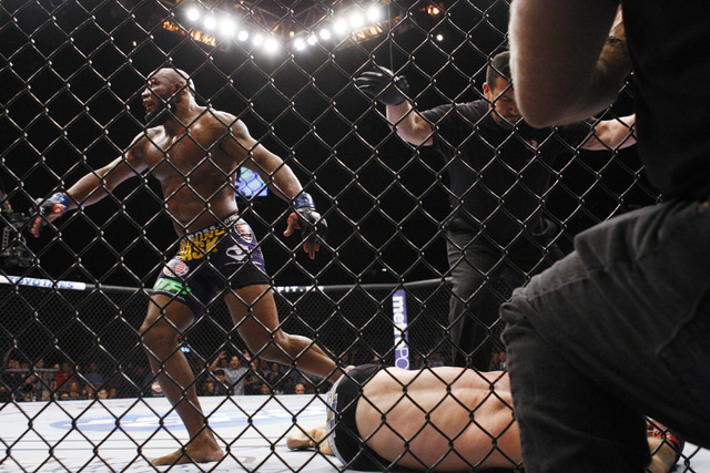 Yoel Romero leaps up after scoring a TKO of Tim Kennedy during their fight at UFC 178 Saturday, Sept. 27, 2014 at the MGM Grand Garden Arena in Las Vegas. (Sam Morris/Las Vegas Review-Journal)