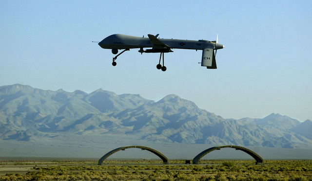 A MQ-1 Predator unmanned aerial vehicle takes off for a training flight from Creech Air Force Base at Indian Springs, 45 miles northwest of Las Vegas on Monday, Aug. 18, 2008. The remotely piloted ...