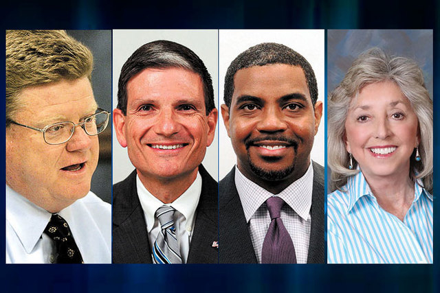 Reps. Mark Amodei, R-Nev., left, Joe Heck, R-Nev., second left, and Dina Titus, D-Nev., voted no Wednesday to President Barack Obama’s plan to arm and train rebels in Syria to fight Islamic forc ...