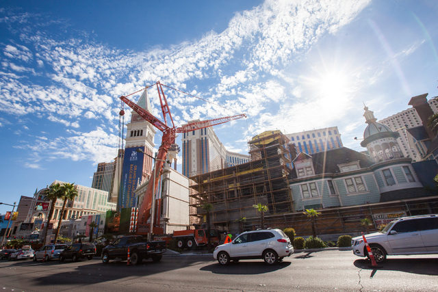 Northbound traffic is confined to a single lane on the southbound side of Las Vegas Boulevard as renovations go on at the Best Western Plus Casino Royale, center, in Las Vegas on Wednesday, Sept.  ...