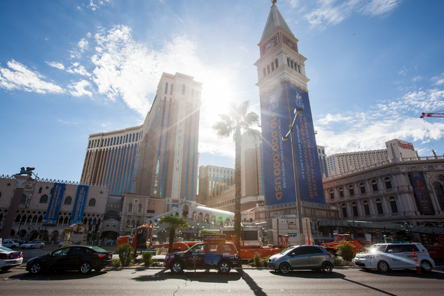 Northbound traffic is confined to a single lane on the southbound side of Las Vegas Boulevard as renovations go on at the Best Western Plus Casino Royale, not pictured, in Las Vegas on Wednesday, ...