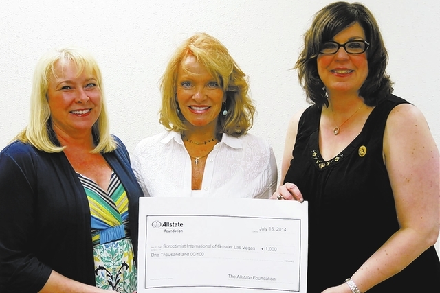 Allstate agent Misty Chadwick, center,  presents The Allstate Foundation grant to Soroptimist International of Greater Las Vegas past president Kim Harney-Moore, left, and president Sue Cavaco. (S ...