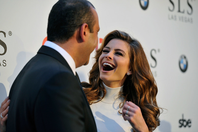Founder, chairman and CEO of sbe, Sam Nazarian, left,  and television personality Maria Menounos arrive at the SLS Las Vegas for the grand opening celebration on Friday, Aug. 22, 2014. (David Beck ...