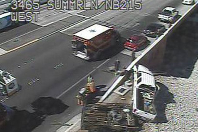 Three vehicles are involved in an accident on northbound 215 Beltway near Summerlin Parkway. One vehicle was reported on fire. (Courtesy/FAST Cameras, RTC)
