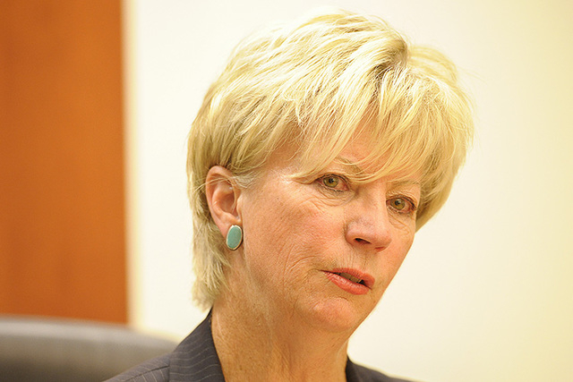 Kim Wallin, candidate for Treasurer, speaks with the Review-Journal editorial board on Friday, Sept. 5, 2014. (Mark Damon/Las Vegas Review-Journal)