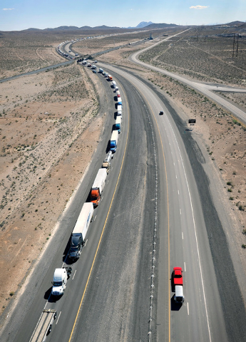 Traffic is backed up along the northbound side of Interstate 15 for several miles on Tuesday, Sept. 9, 2014. Highway officials are rerouting all vehicle traffic to US Highway 93 do to highway dama ...