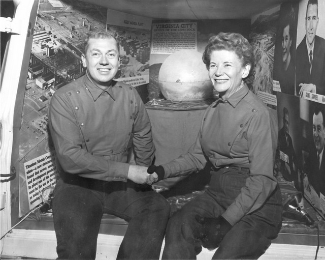 Panamint silver ball with executive administrator Richard Ham and US Mint Director Eva Adams. (Courtesy Nevada State Library and Archives)