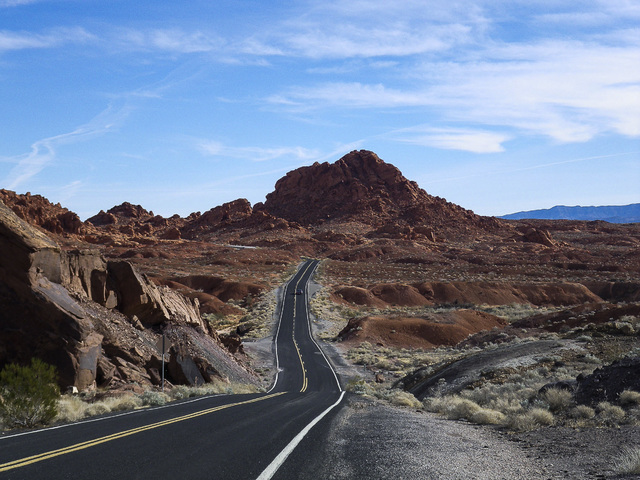 This photo taken Jan. 1, 2010 shows a two lane highway in Nevada’s valley of Fire. A drive along this two lane highway cutting through Nevada’s Valley of Fire provides views of some of the par ...