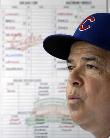 In this Aug. 23, 2014, file photo, Chicago Cubs manager Rick Renteria watches his team from the dugout during the second inning of an interleague baseball game against the Baltimore Orioles in Chi ...