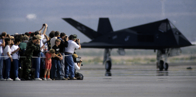 An estimate crowd of 100,000 attended the unveiling of the F-117A Stealth fighter at Nellis Air Force base on April 21, 1990, near Las Vegas, Nevada. (Jeff Scheid/Las Vegas Review-Journal)