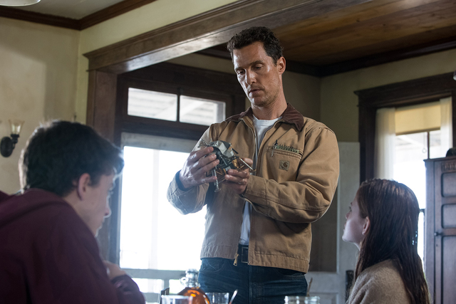 Left to right: Timothée Chalamet, Matthew McConaughey and Mackenzie Foy in INTERSTELLAR; from Paramount Pictures and Warner Brothers Entertainment.