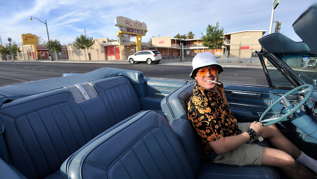 Jared Anderson as Hunter S. Thompson, rides up in his 1966 Cadillac during the 5th annual Halloween parade along East Fremont Street in Las Vegas on Friday, Oct. 31, 2014. (David Becker/Las Vegas  ...