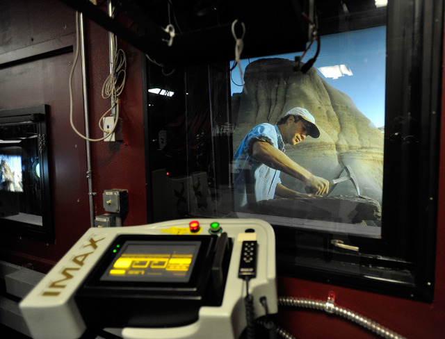 The IMAX control panel is seen inside a projection booth as a clip of a movie trailer is seen on the big screen at the Brenden Theatres inside the Palms hotel-casino on Tuesday, Oct. 28, 2014. (Da ...