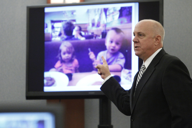 David Stanton, Clark County district attorney, speaks during closing arguments in the trial of Michael Lee at the Regional Justice Center in Las Vegas Friday, Aug. 15, 2014. Lee is accused in the ...