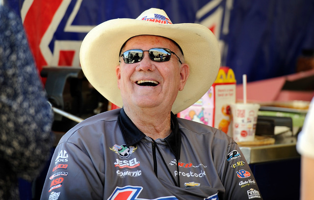 Team owner Ken Black, has a laugh as he sits in the pit area before a pro stock qualifying session at the 14th annual NHRA Nationals at The Strip at the Las Vegas Motor Speedway on Friday, Oct. 31 ...