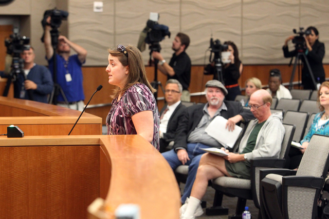 Animal activist Erika Greisen speaks during a North Las Vegas City Council meeting at City hall Wednesday, Oct. 1, 2014. Animal activists were there to demand an explanation from Councilman Isaac  ...