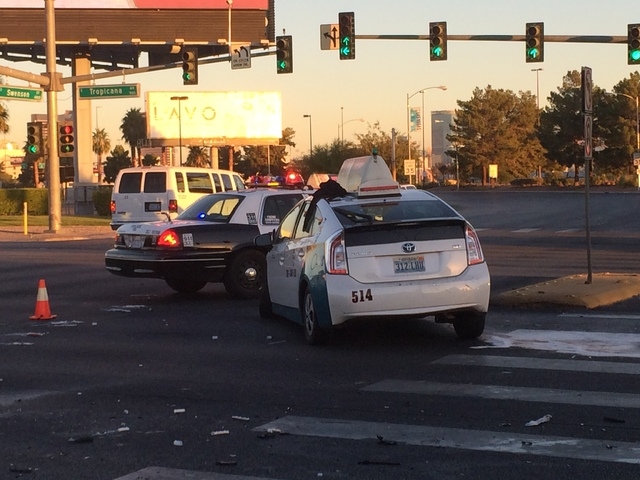 An accident at Tropicana Avenue and Swenson Street early Friday morning, Oct. 31, 2014, closed the eastbound lanes of Tropicana. (Bizu Tesfaye/Las Vegas Review-Journal)