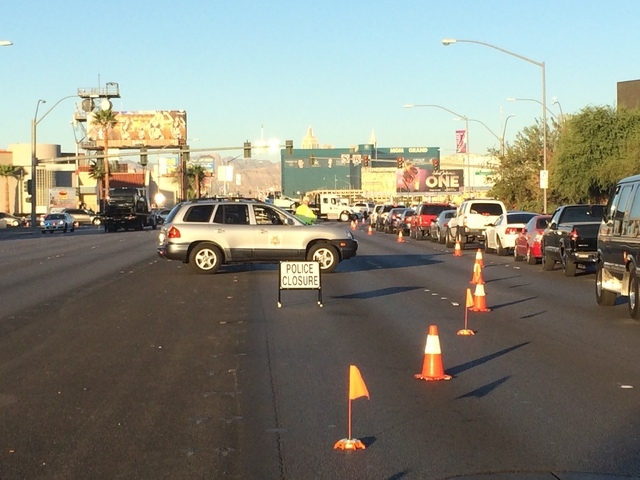 Traffic is backed up Friday morning, Oct. 31, 2014, at Tropicana Avenue and Swenson Street after an accident closed part of the intersection. (Bizu Tesfaye/Las Vegas Review-Journal)
