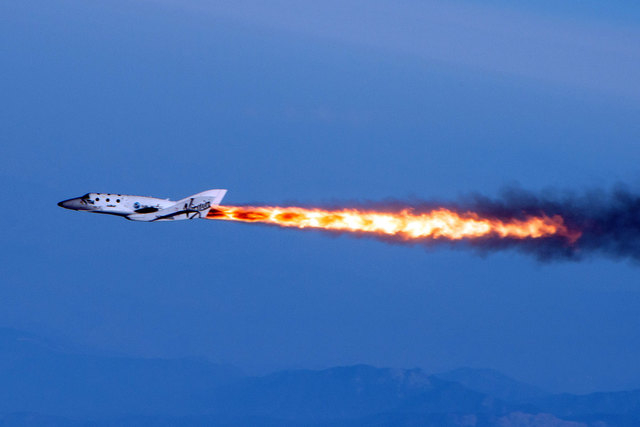 Virgin Galactic's SpaceShipTwo is shown under rocket power over Mojave, California, April 29, 2013. Virgin Galactic has reported an unspecified problem during a test flight of its SpaceShipTwo spa ...