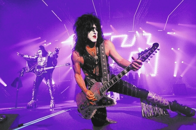 Gene Simmons, left, and Paul Stanley of Kiss, perform at The Joint at the Hard Rock hotel-casino in Las Vegas to kick off their residency at the venue Wednesday, Nov. 5, 2014. (K.M. Cannon/Las Veg ...