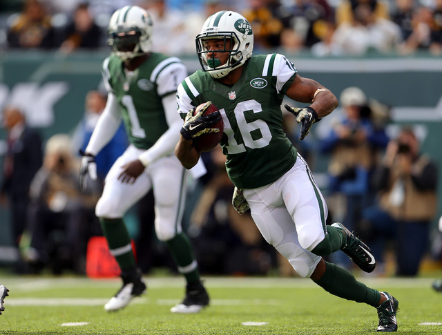 Nov 9, 2014; East Rutherford, NJ, USA; New York Jets wide receiver Percy Harvin (16) runs against the Pittsburgh Steelers during the first quarter at MetLife Stadium. Mandatory Credit: Adam Hunger ...