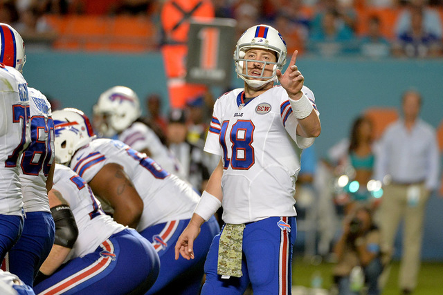 Nov 13, 2014; Miami Gardens, FL, USA; Buffalo Bills quarterback Kyle Orton (18) reacts at the line of scrimmage during the second half against the Miami Dolphins at Sun Life Stadium.  The Dolphins ...