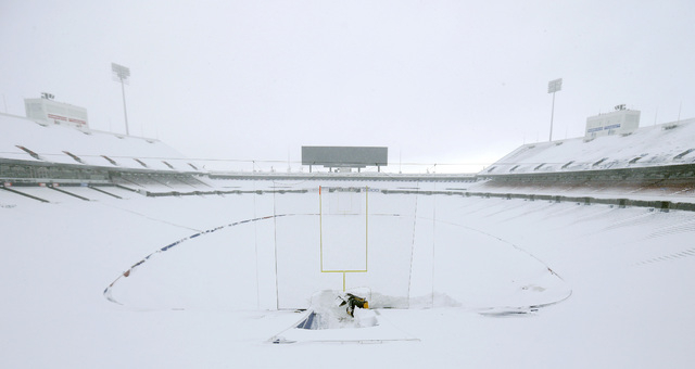 Nov 20, 2014; Orchard Park, NY, USA; A general view of the football field and seating area of Ralph Wilson Stadium after a major snow storm hit the area. Mandatory Credit: Kevin Hoffman-USA TODAY  ...