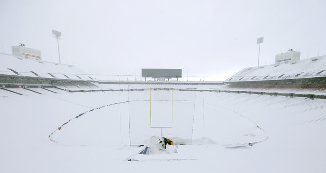 Nov 20, 2014; Orchard Park, NY, USA; A general view of the football field and seating area of Ralph Wilson Stadium after a major snow storm hit the area. Mandatory Credit: Kevin Hoffman-USA TODAY ...
