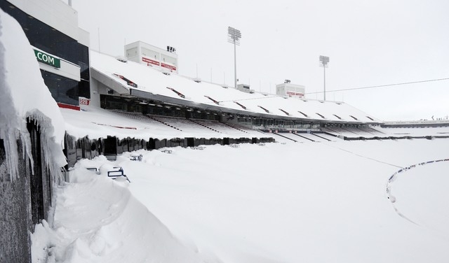 Nov 20, 2014; Orchard Park, NY, USA; A general view of the field and seating area of Ralph Wilson Stadium after a major snow storm hit the area. Mandatory Credit: Kevin Hoffman-USA TODAY Sports