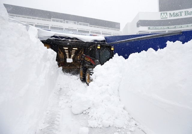 Nov 20, 2014; Orchard Park, NY, USA; After a major snow storm a grounds crew worker begins to clear snow from the football field at Ralph Wilson Stadium. Mandatory Credit: Kevin Hoffman-USA TODAY  ...