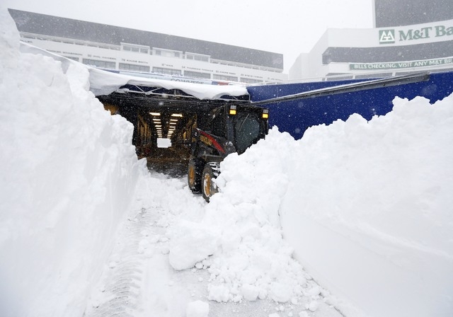 Nov 20, 2014; Orchard Park, NY, USA; After a major snow storm a grounds crew worker begins to clear snow from the football field at Ralph Wilson Stadium. Mandatory Credit: Kevin Hoffman-USA TODAY ...