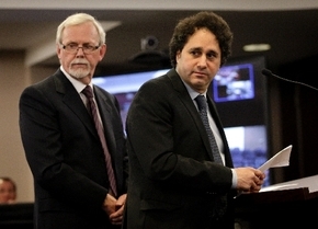 Palms minority owner George Maloof, right, appears before the Nevada Gaming Commission on Thursday at the Sawyer Building. Frank Schreck, an attorney for the Palms, is at left.